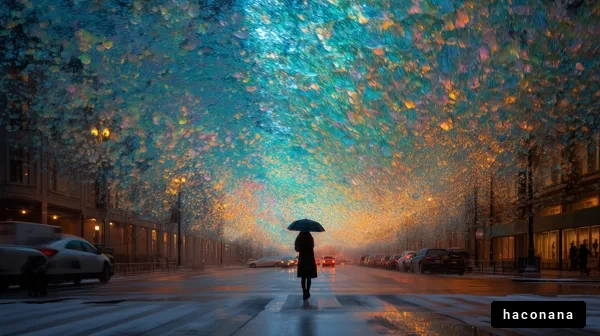 雨の中の幻想的な街並み