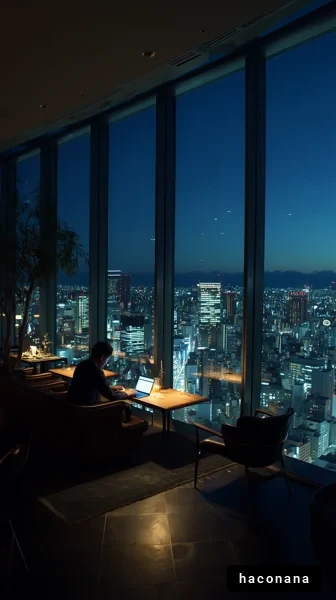 夜景を見ながら作業する人