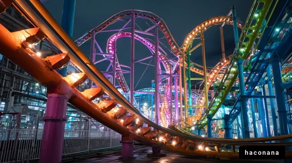 夜の遊園地のジェットコースター