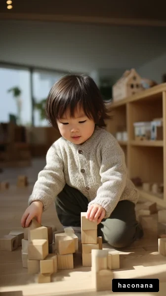 子供と木製ブロック