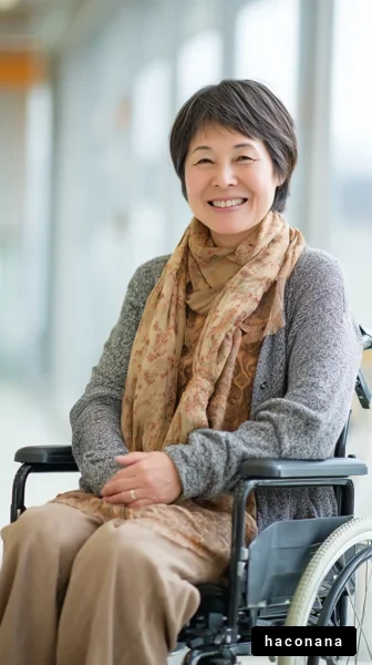 笑顔の女性と車椅子