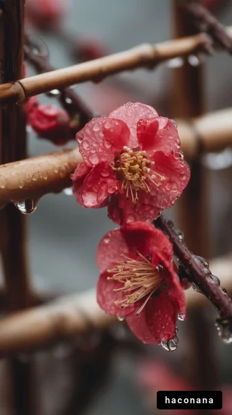 雨に濡れる紅い花