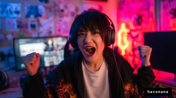 ゲームの勝利に喜ぶ姿