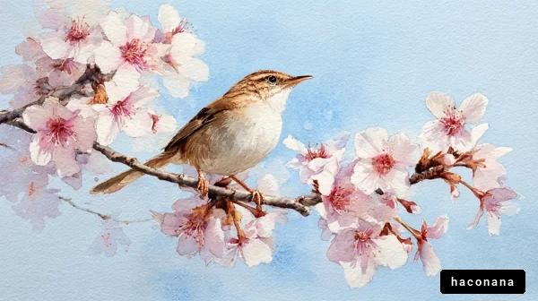桜と小鳥の水彩画