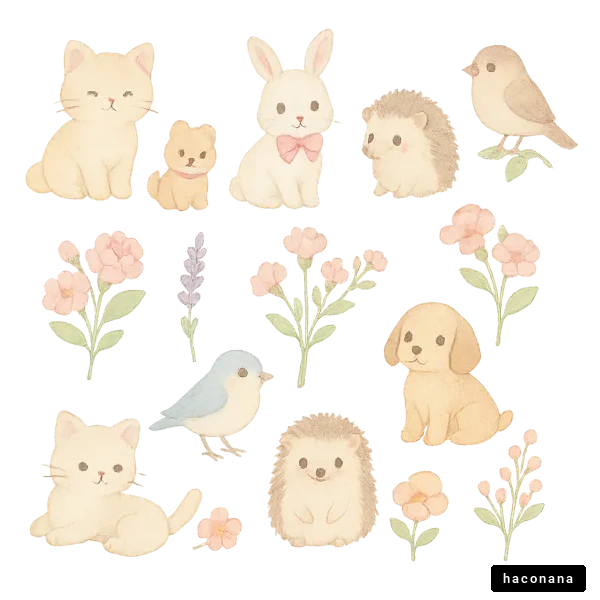 かわいい動物たちと花