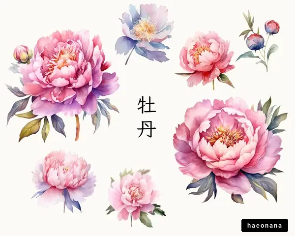 美しい牡丹の水彩画イラストセット