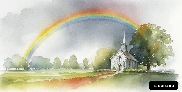 虹と教会の風景画