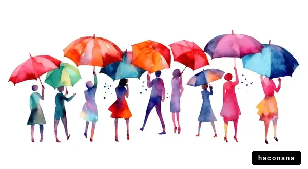 カラフルな水彩画で描かれた傘を持つの人々のシルエット