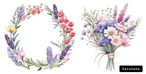 美しい花々のフレームとブーケの水彩画