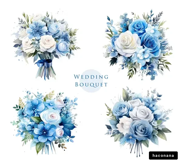 水色のウェディングブーケの水彩イラストセット