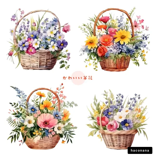 華やかな花のバスケットの水彩画