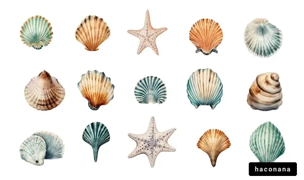 美しい貝殻の水彩イラストセット