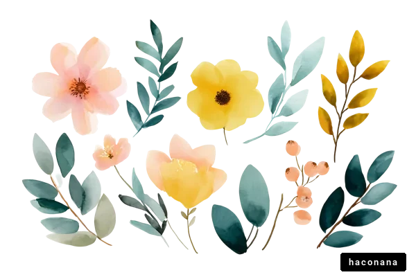 水彩の花と葉のイラスト