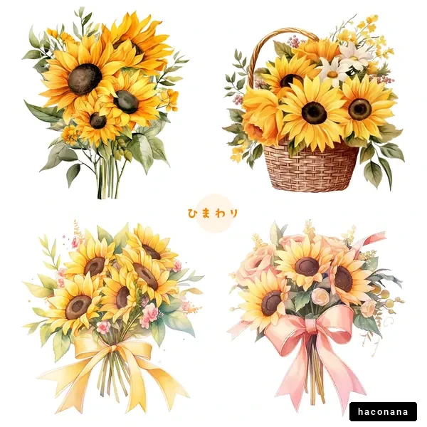 ひまわりの水彩イラストセット