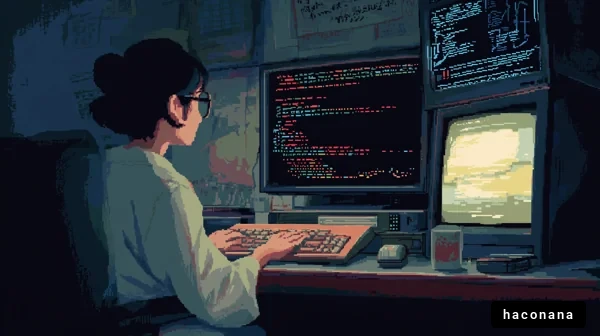 レトロなコンピュータの作業風景