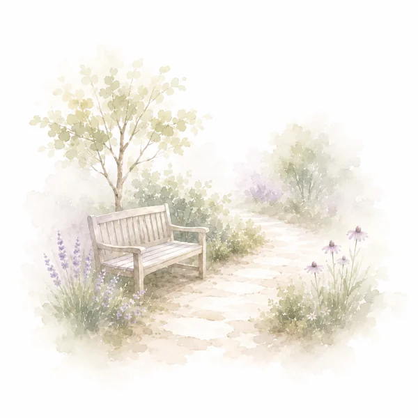 庭のベンチと花咲く小道の水彩イラスト