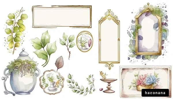 美しいフレームと植物の水彩イラストセット