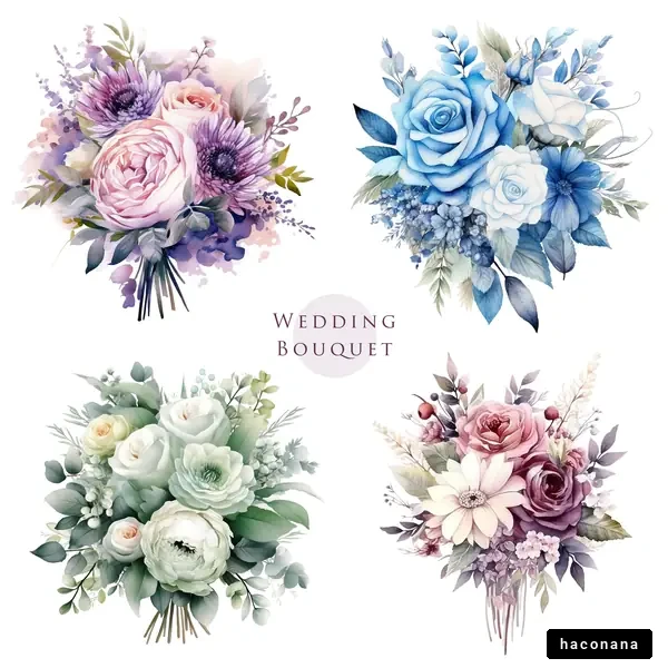美しいウェディングブーケの水彩イラストセット