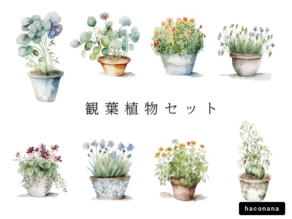 やさしいタッチの観葉植物の水彩イラストセット
