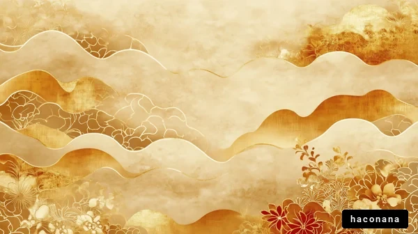 金色の波模様と花