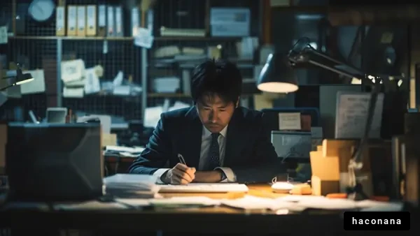 夜のオフィスでの集中作業