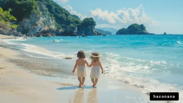 海辺で手をつなぐ子供たち