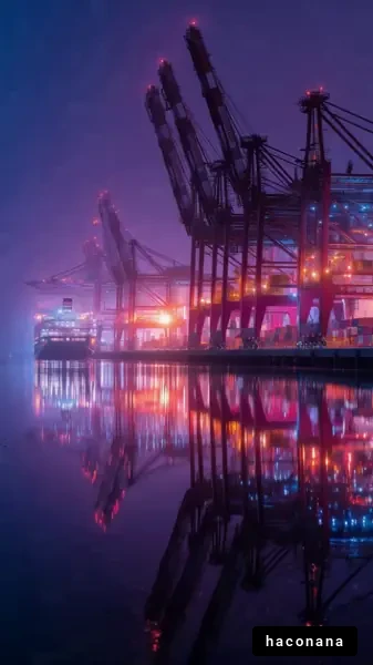 夜の港のクレーン風景