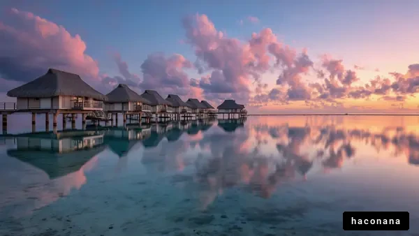 美しい水上バンガローの夕日