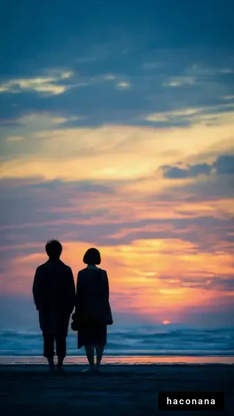 夕焼けの海辺での二人