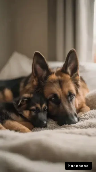 犬と子犬の寄り添う姿