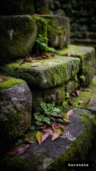 苔むした石段と落ち葉