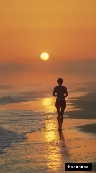 夕焼けの海を走る人