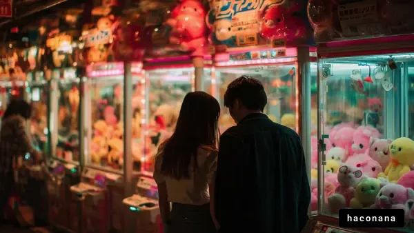 夜のゲームセンターでのカップル