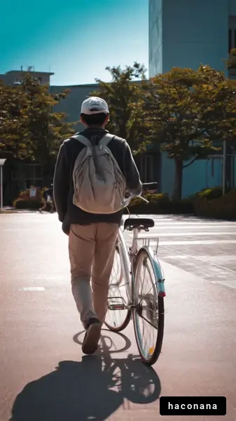 自転車を引く学生の姿