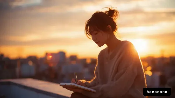 夕日をバックに執筆する女性