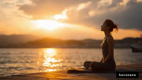夕日の中で瞑想する女性