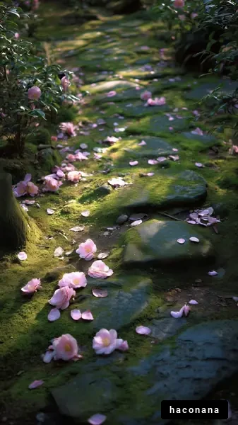 苔むす石畳と花びら