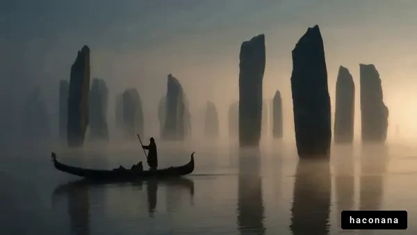 霧の中の舟と巨石群