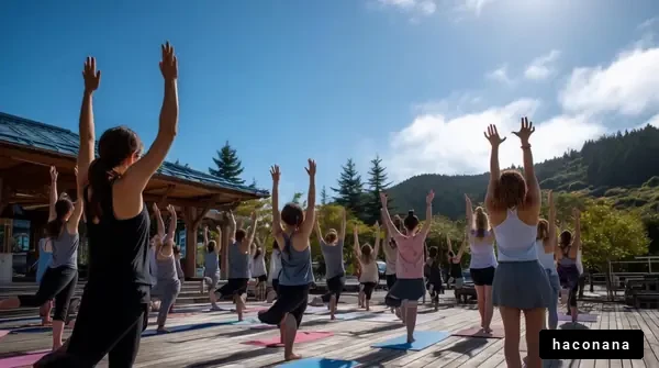 屋外でヨガする女性たち