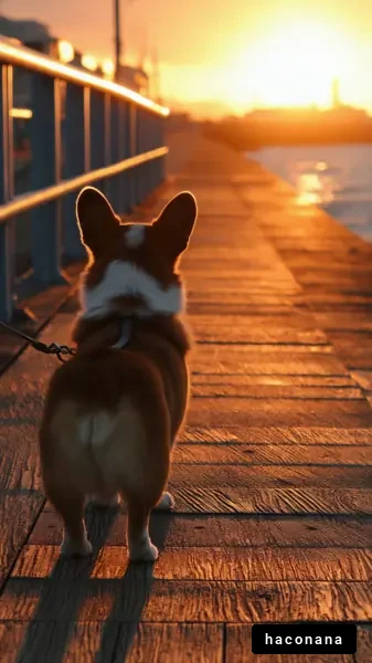 夕日を見つめる犬
