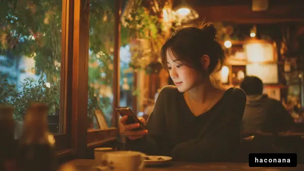 カフェでスマホを使う女性