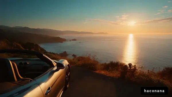 海辺の夕日とスポーツカー