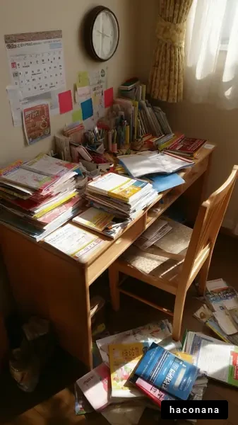 散らかった机と書類