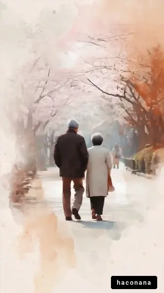 桜並木を歩く老夫婦