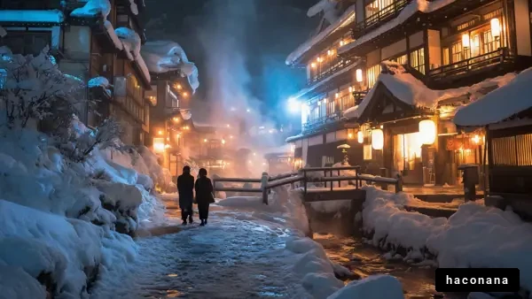 雪の温泉街の風景