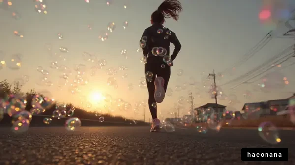 夕日とバブルを背に走る女性