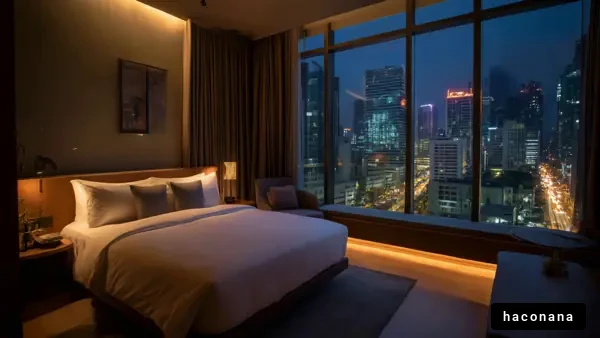 夜景が映るホテルの部屋