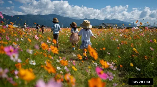 花畑を歩く子供たち