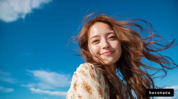 青空の下で微笑む女性