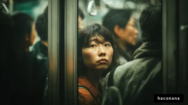 混雑した車両の女性